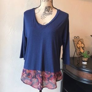 Bobeau Blue Navy Stripe Paisley Blouse